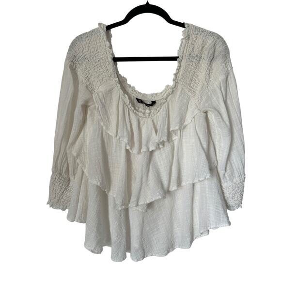 Zara Basic Top Womens L White Off Shoulder Tiered Smocked Ruffle Cropped Blouse - Picture 1 of 10